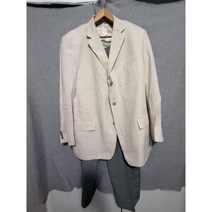 Linea Uomo Suit Mens 48XL 44x34 Beige Silk Jacket Green Wool Pants Big Tall